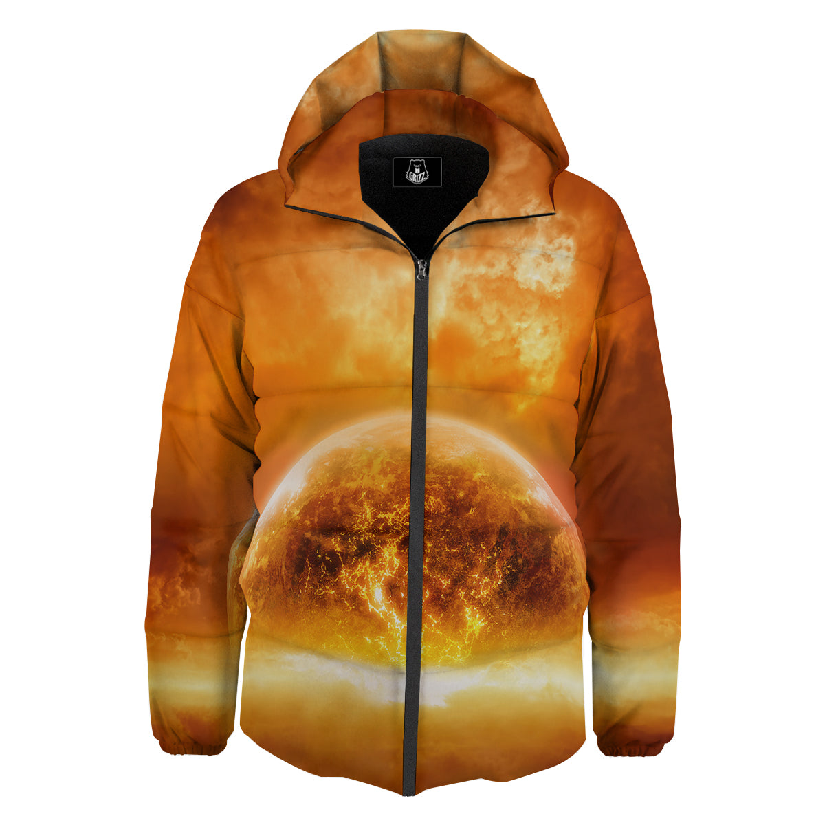 Burning Apocalyptic Planet Earth Print Down Jacket-grizzshop