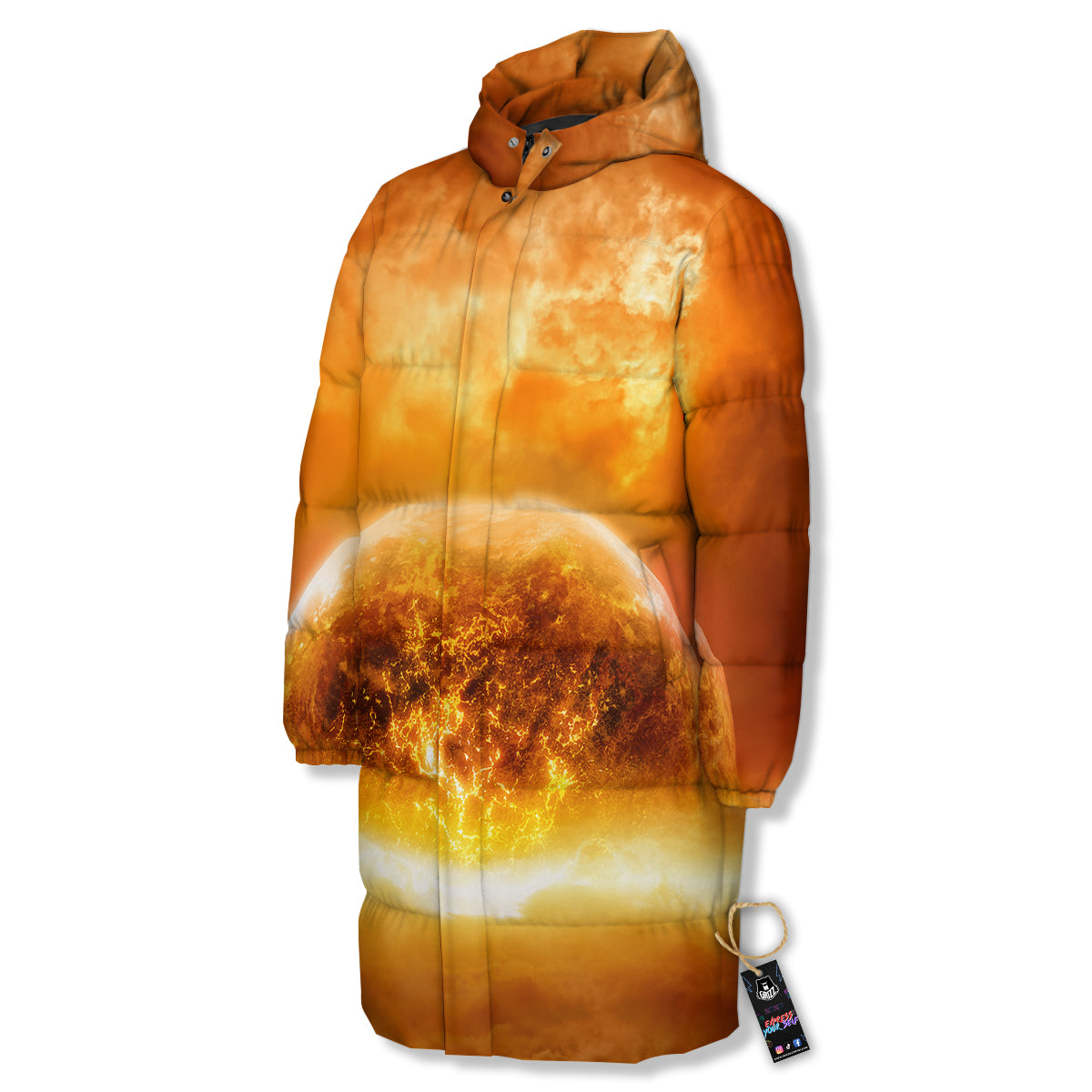Burning Apocalyptic Planet Earth Print Long Down Jacket-grizzshop