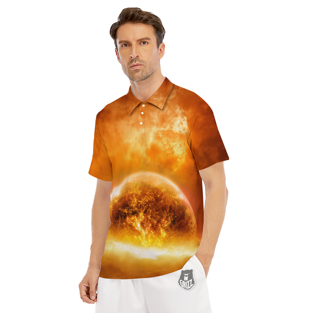 Burning Apocalyptic Planet Earth Print Men's Golf Shirts-grizzshop