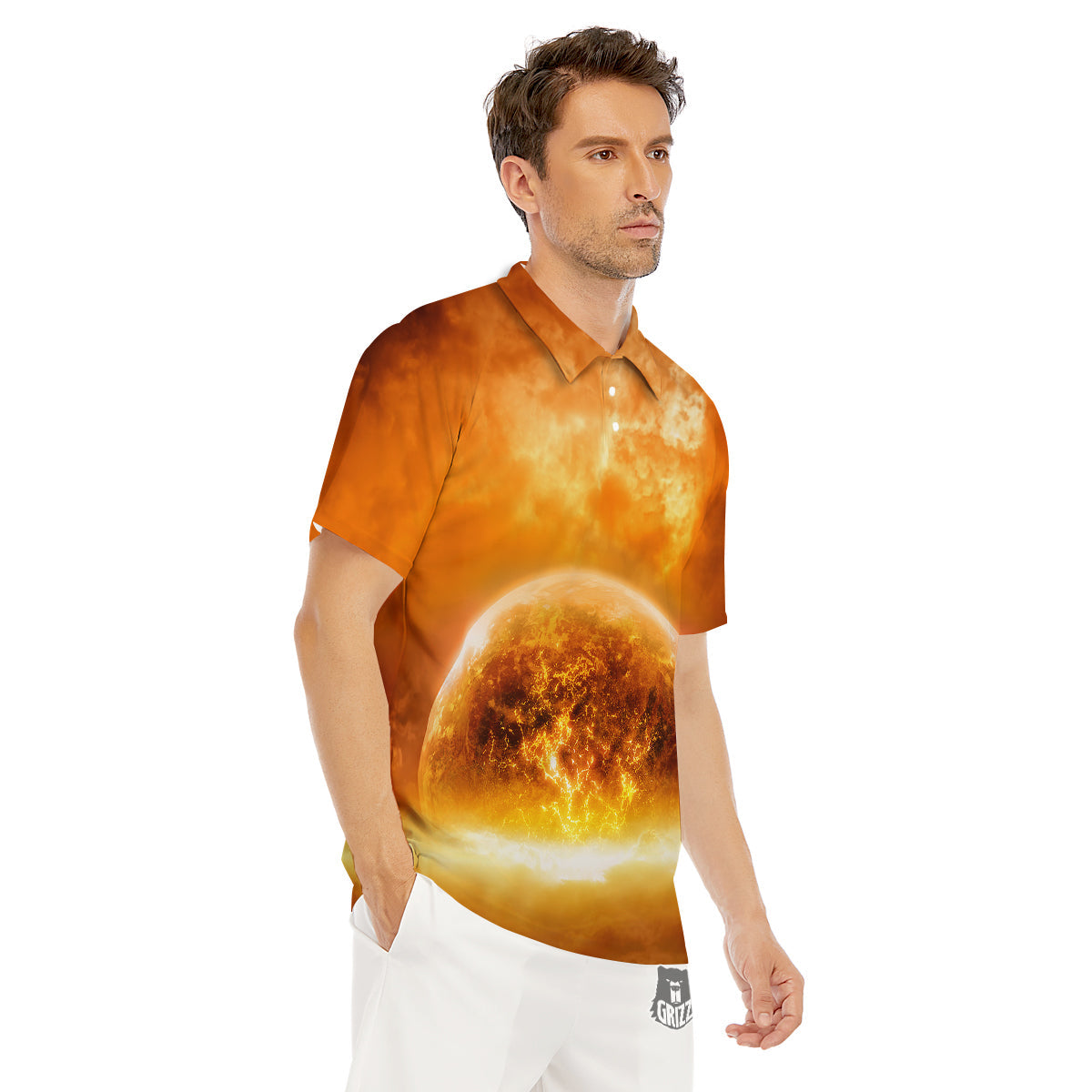 Burning Apocalyptic Planet Earth Print Men's Golf Shirts-grizzshop