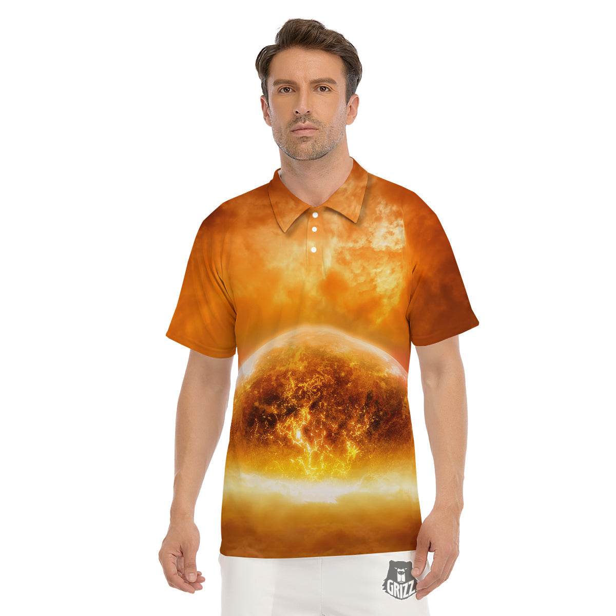 Burning Apocalyptic Planet Earth Print Men's Golf Shirts-grizzshop