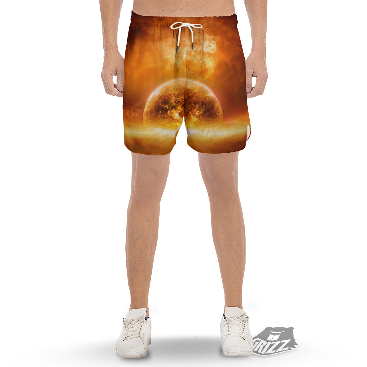Burning Apocalyptic Planet Earth Print Men's Gym Shorts-grizzshop