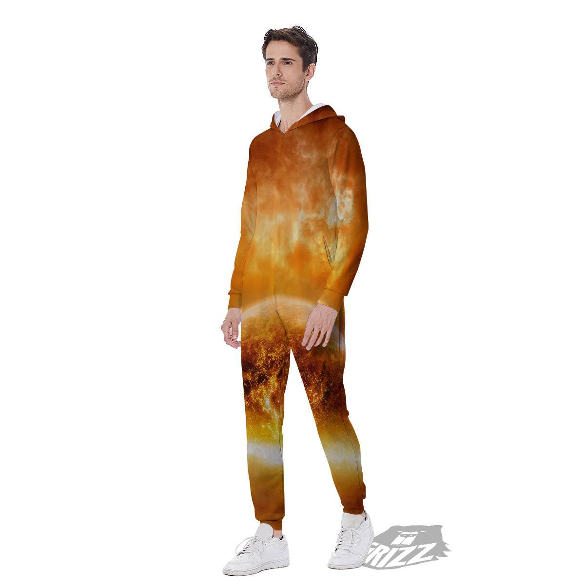 Burning Apocalyptic Planet Earth Print Men's Jumpsuit-grizzshop
