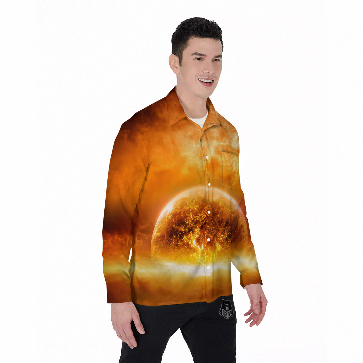 Burning Apocalyptic Planet Earth Print Men's Long Sleeve Shirts-grizzshop