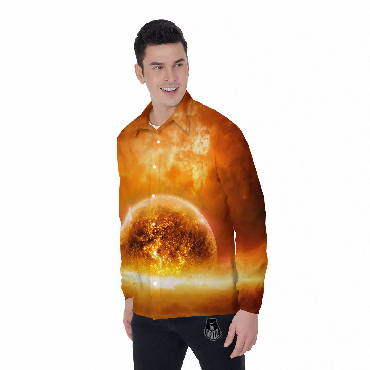 Burning Apocalyptic Planet Earth Print Men's Long Sleeve Shirts-grizzshop