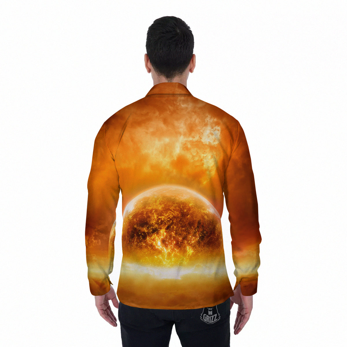 Burning Apocalyptic Planet Earth Print Men's Long Sleeve Shirts-grizzshop