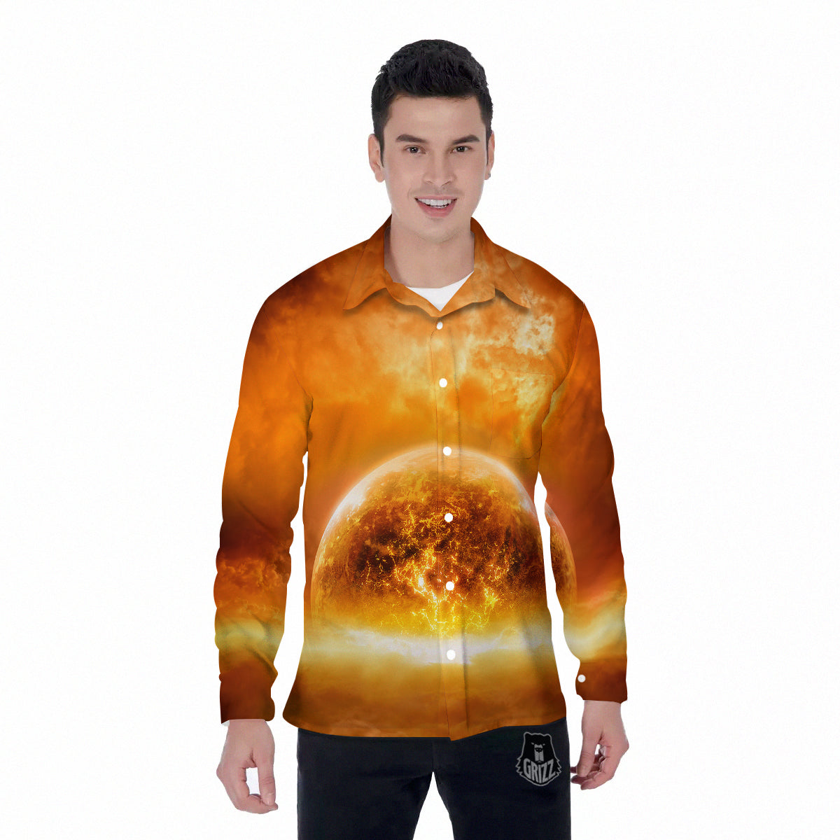 Burning Apocalyptic Planet Earth Print Men's Long Sleeve Shirts-grizzshop