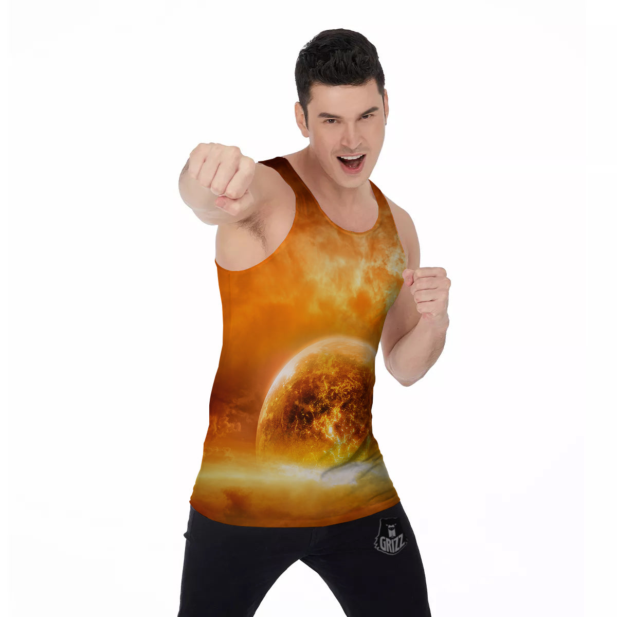 Burning Apocalyptic Planet Earth Print Men's Tank Top-grizzshop