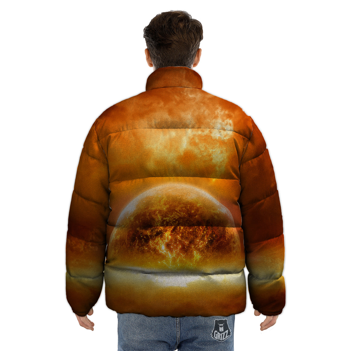Burning Apocalyptic Planet Earth Print Puffer Jacket-grizzshop
