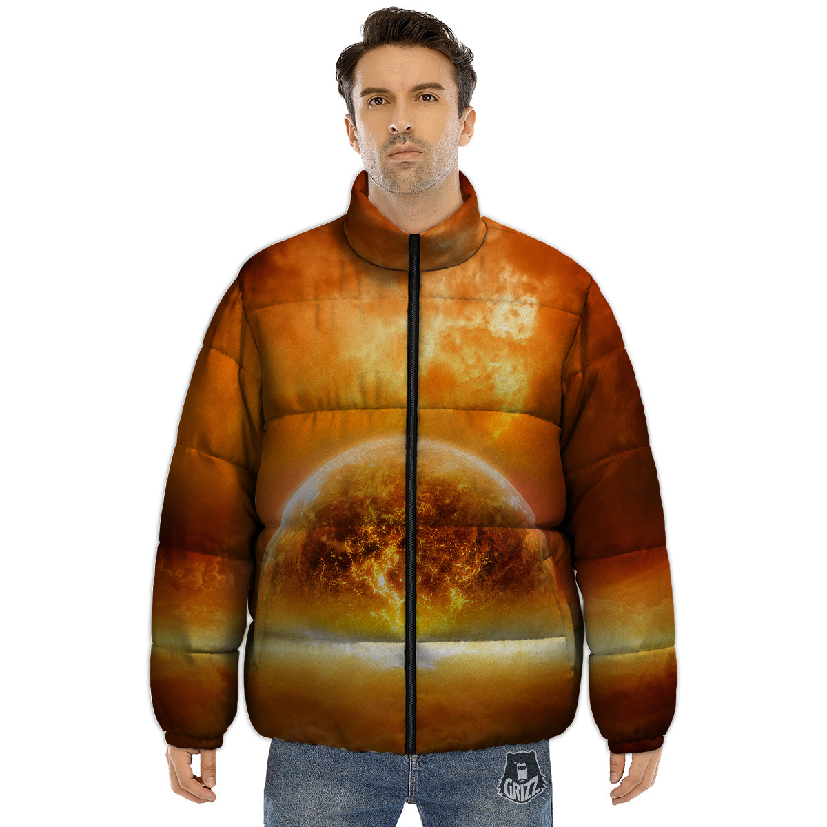 Burning Apocalyptic Planet Earth Print Puffer Jacket-grizzshop