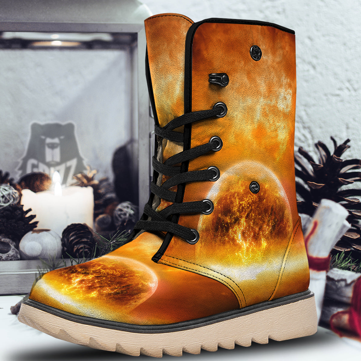 Burning Apocalyptic Planet Earth Print Snow Boots-grizzshop