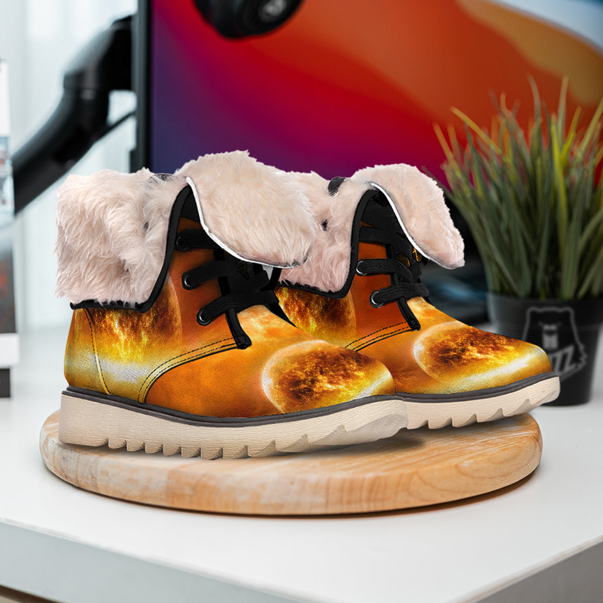 Burning Apocalyptic Planet Earth Print Snow Boots-grizzshop