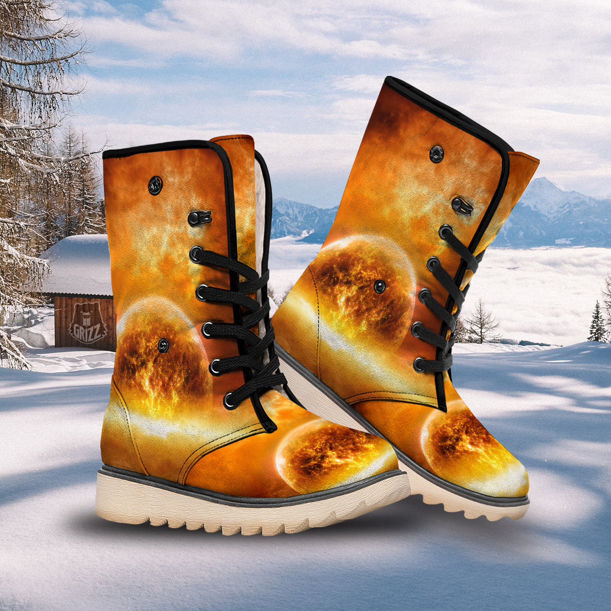 Burning Apocalyptic Planet Earth Print Snow Boots-grizzshop