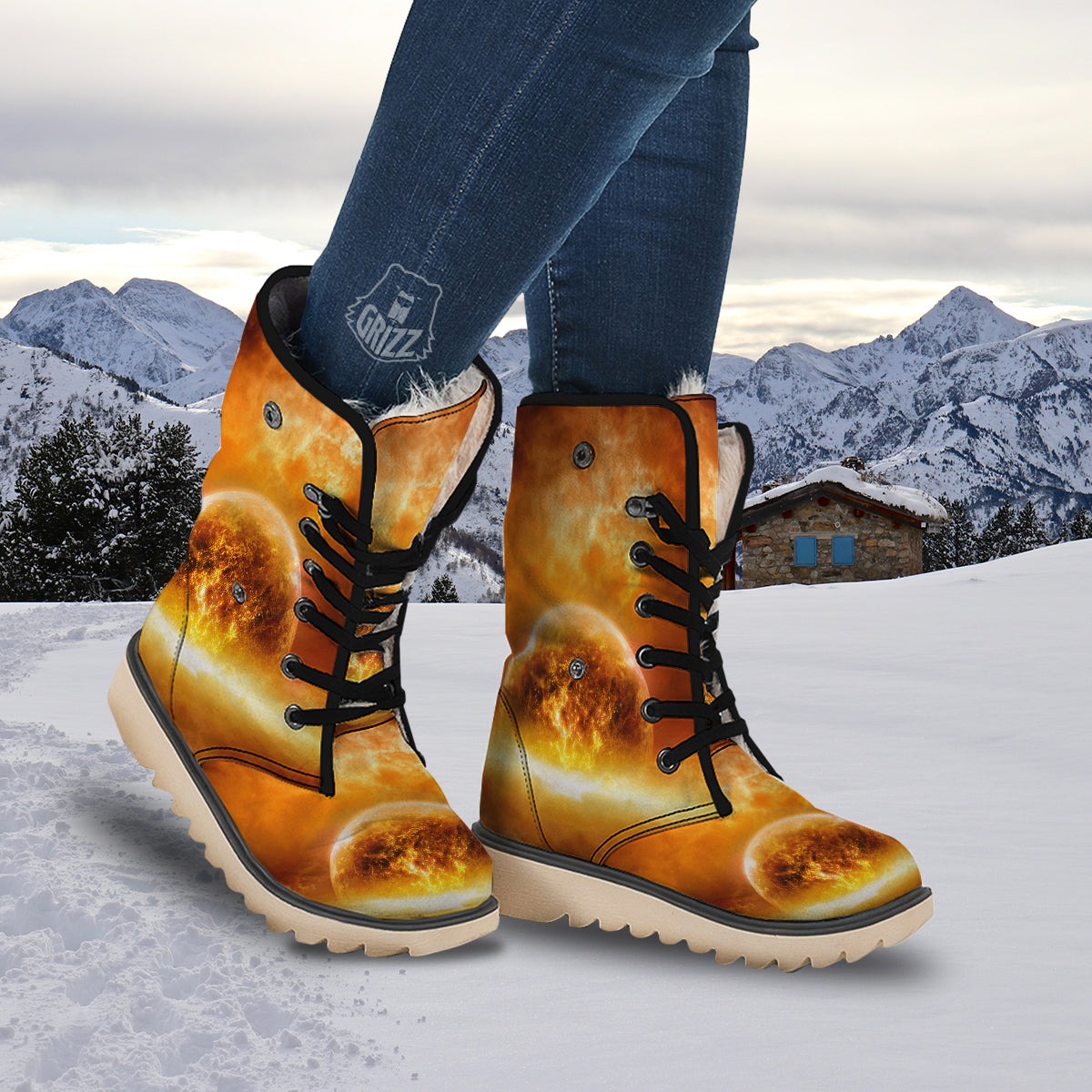 Burning Apocalyptic Planet Earth Print Snow Boots-grizzshop