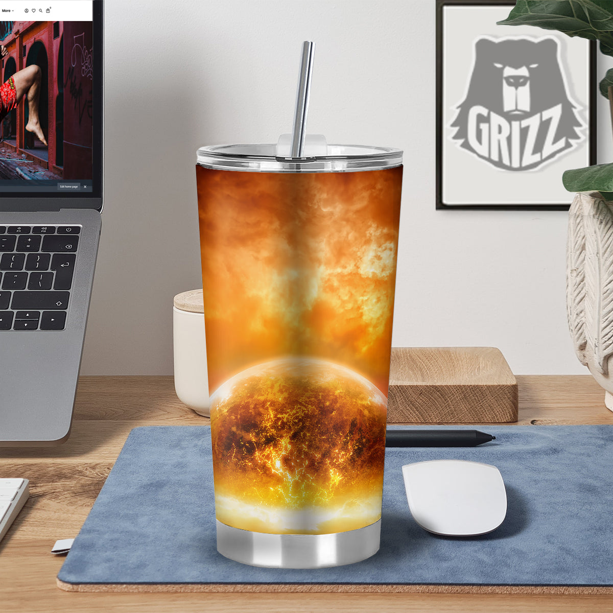 Burning Apocalyptic Planet Earth Print Tumbler-grizzshop