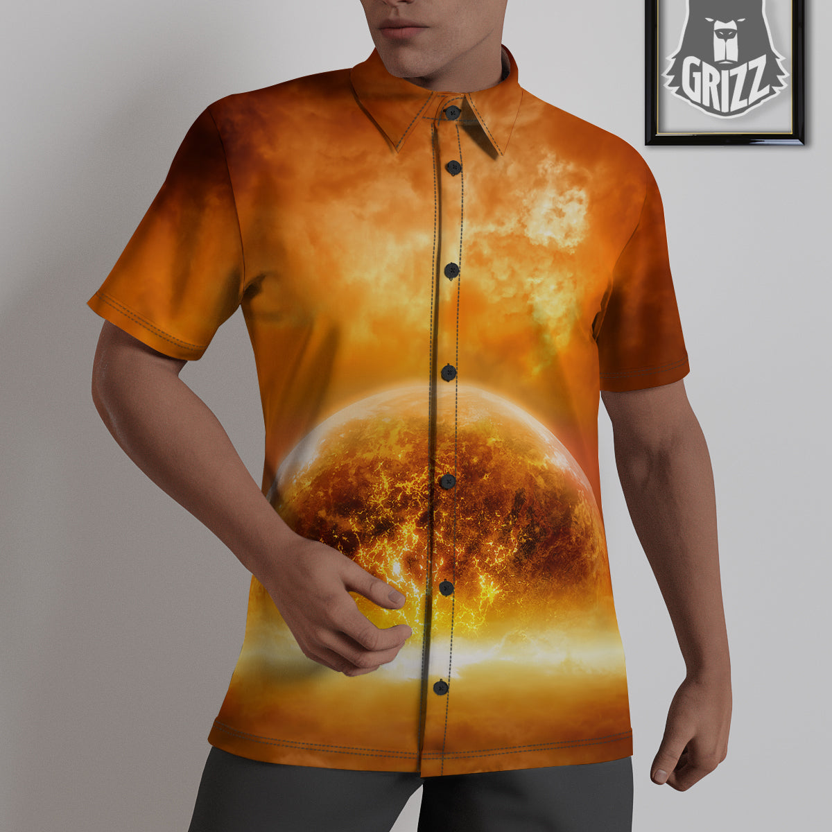 Burning Apocalyptic Planet Earth Print Untucked Shirts-grizzshop