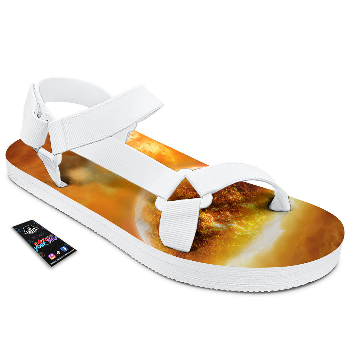 Burning Apocalyptic Planet Earth Print White Open Toe Sandals-grizzshop