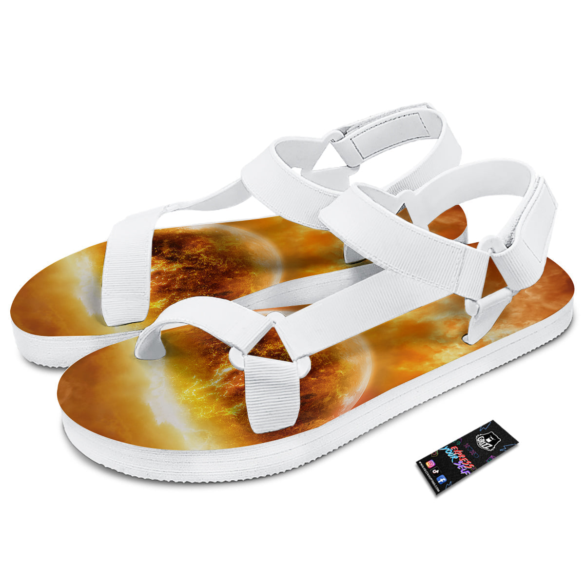 Burning Apocalyptic Planet Earth Print White Open Toe Sandals-grizzshop