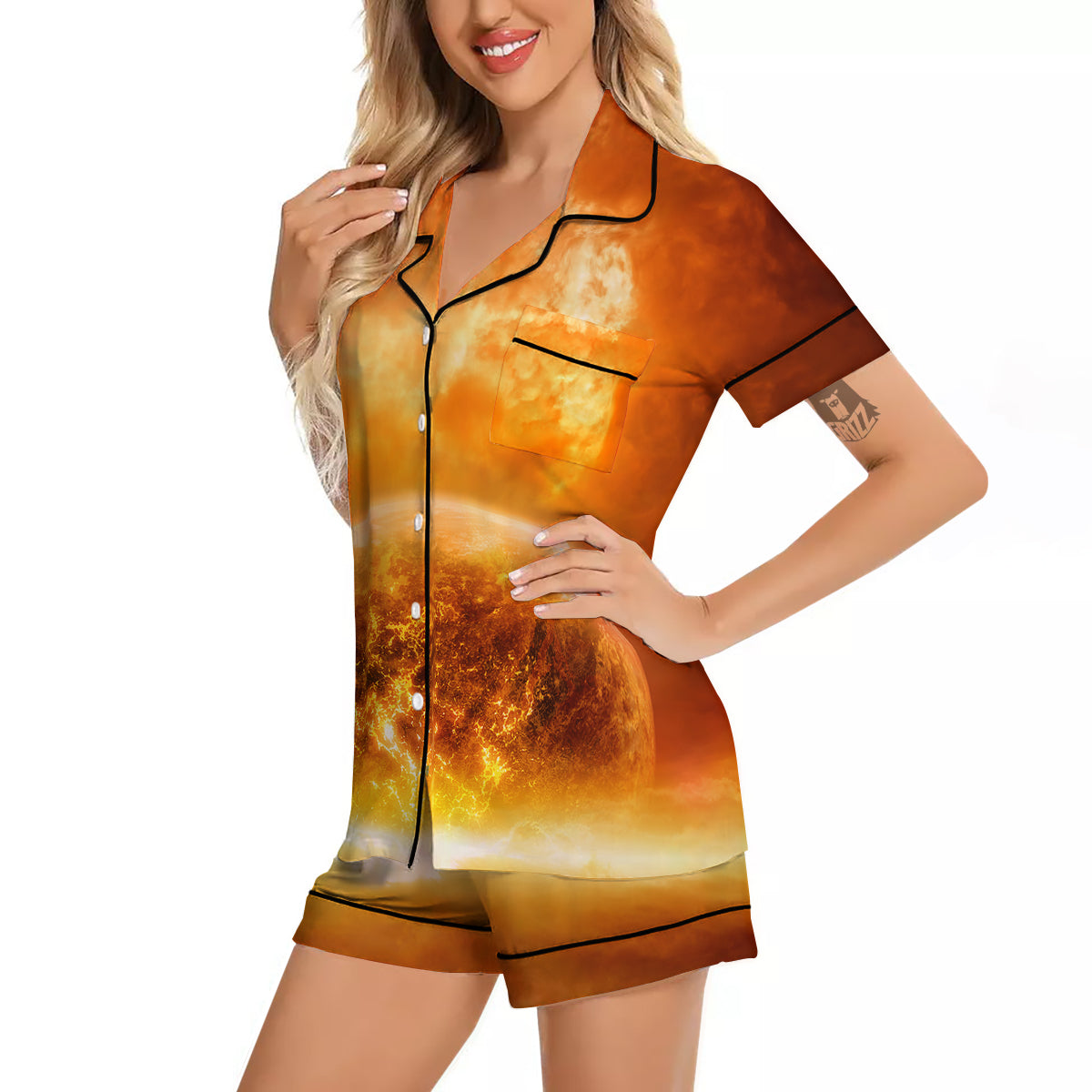 Burning Apocalyptic Planet Earth Print Women Silk Pajamas-grizzshop