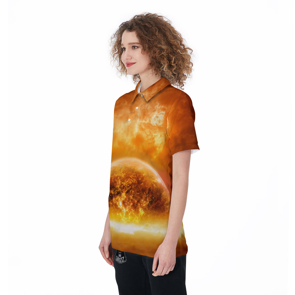 Burning Apocalyptic Planet Earth Print Women's Golf Shirts-grizzshop