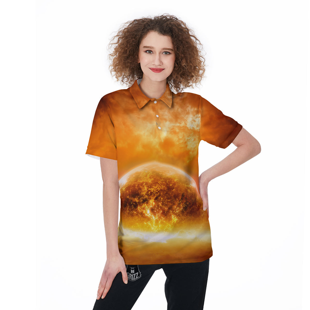 Burning Apocalyptic Planet Earth Print Women's Golf Shirts-grizzshop