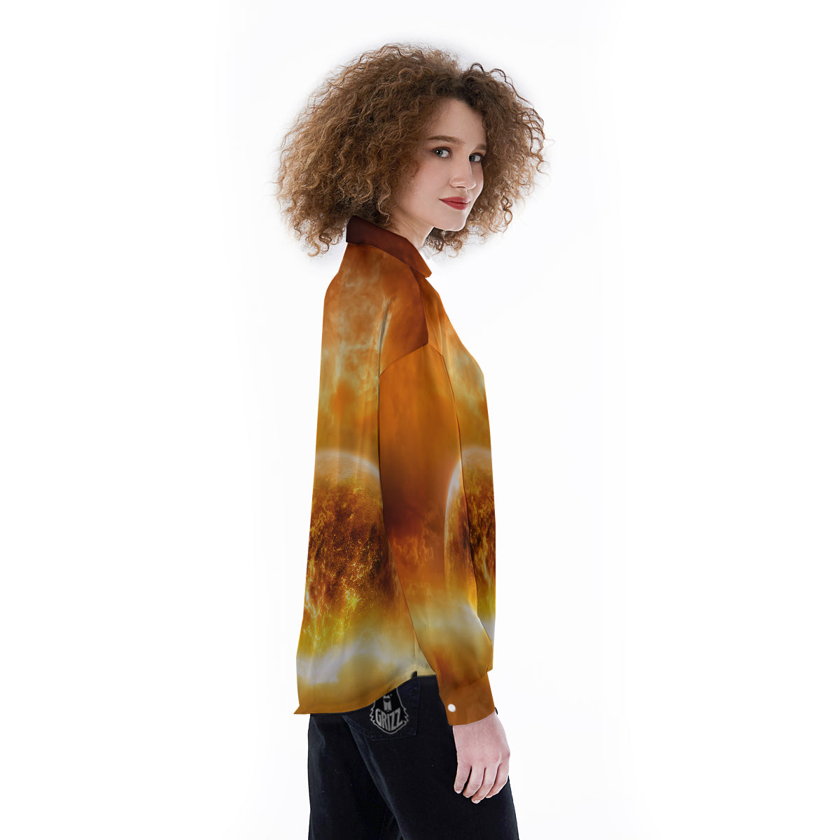 Burning Apocalyptic Planet Earth Print Women's Long Sleeve Shirts-grizzshop