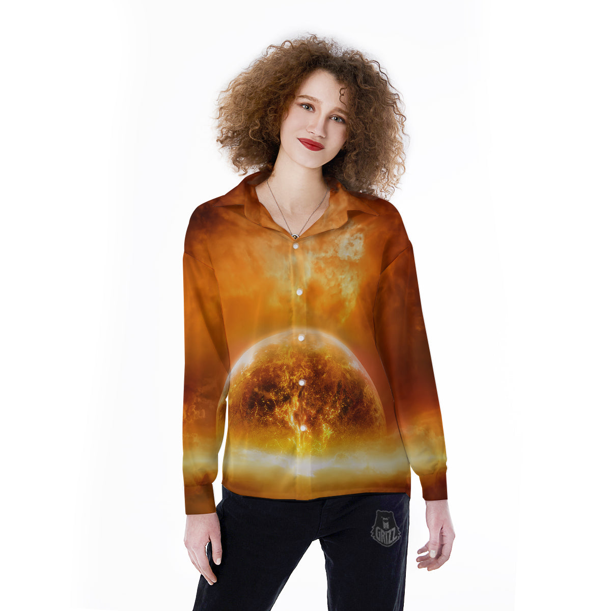 Burning Apocalyptic Planet Earth Print Women's Long Sleeve Shirts-grizzshop