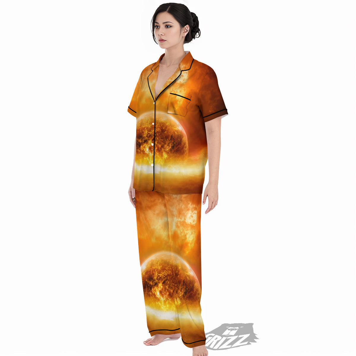 Burning Apocalyptic Planet Earth Print Women's Pajamas Set-grizzshop
