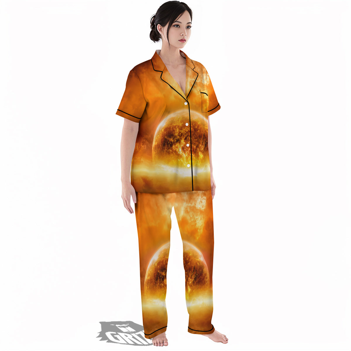 Burning Apocalyptic Planet Earth Print Women's Pajamas Set-grizzshop