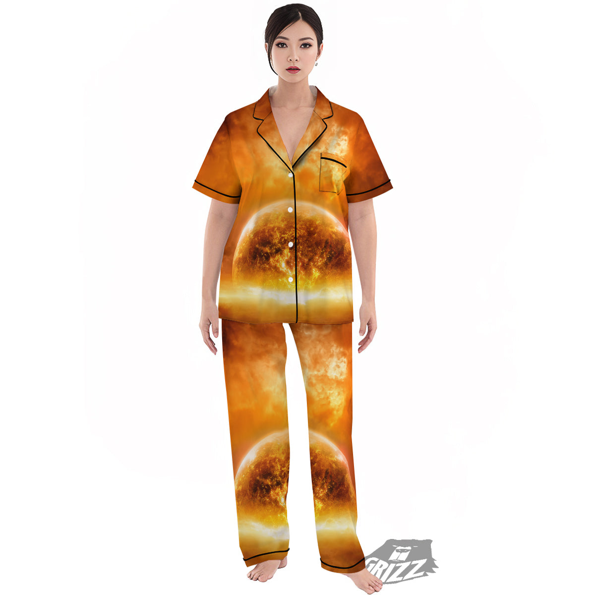 Burning Apocalyptic Planet Earth Print Women's Pajamas Set-grizzshop
