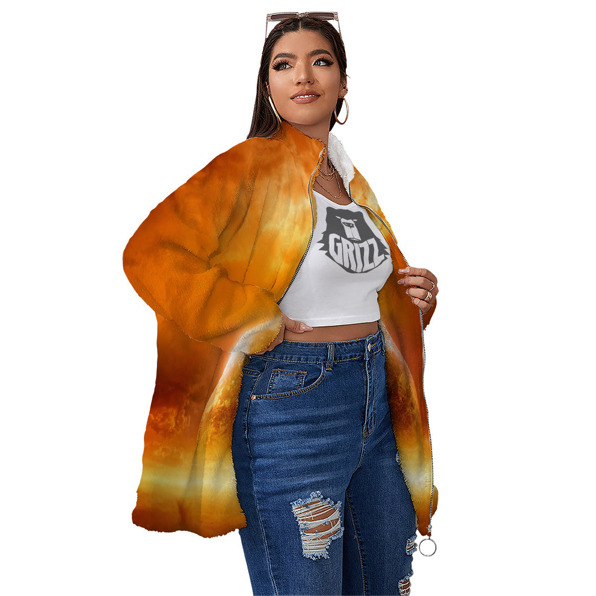 Burning Apocalyptic Planet Earth Print Women's Sherpa Jacket-grizzshop