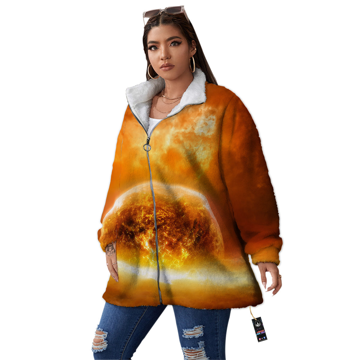 Burning Apocalyptic Planet Earth Print Women's Sherpa Jacket-grizzshop