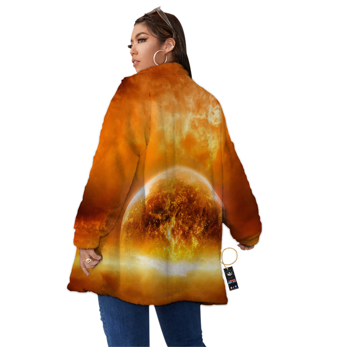 Burning Apocalyptic Planet Earth Print Women's Sherpa Jacket-grizzshop