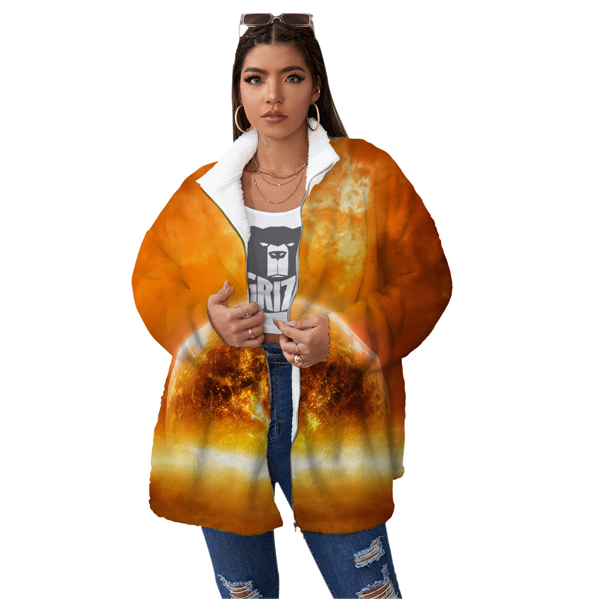 Burning Apocalyptic Planet Earth Print Women's Sherpa Jacket-grizzshop