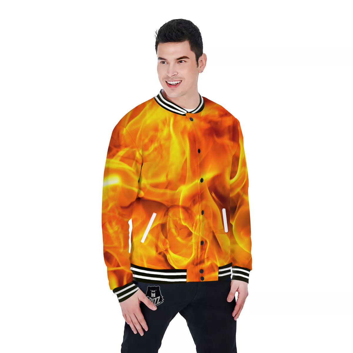Burning Fire Flame Print Baseball Jacket-grizzshop