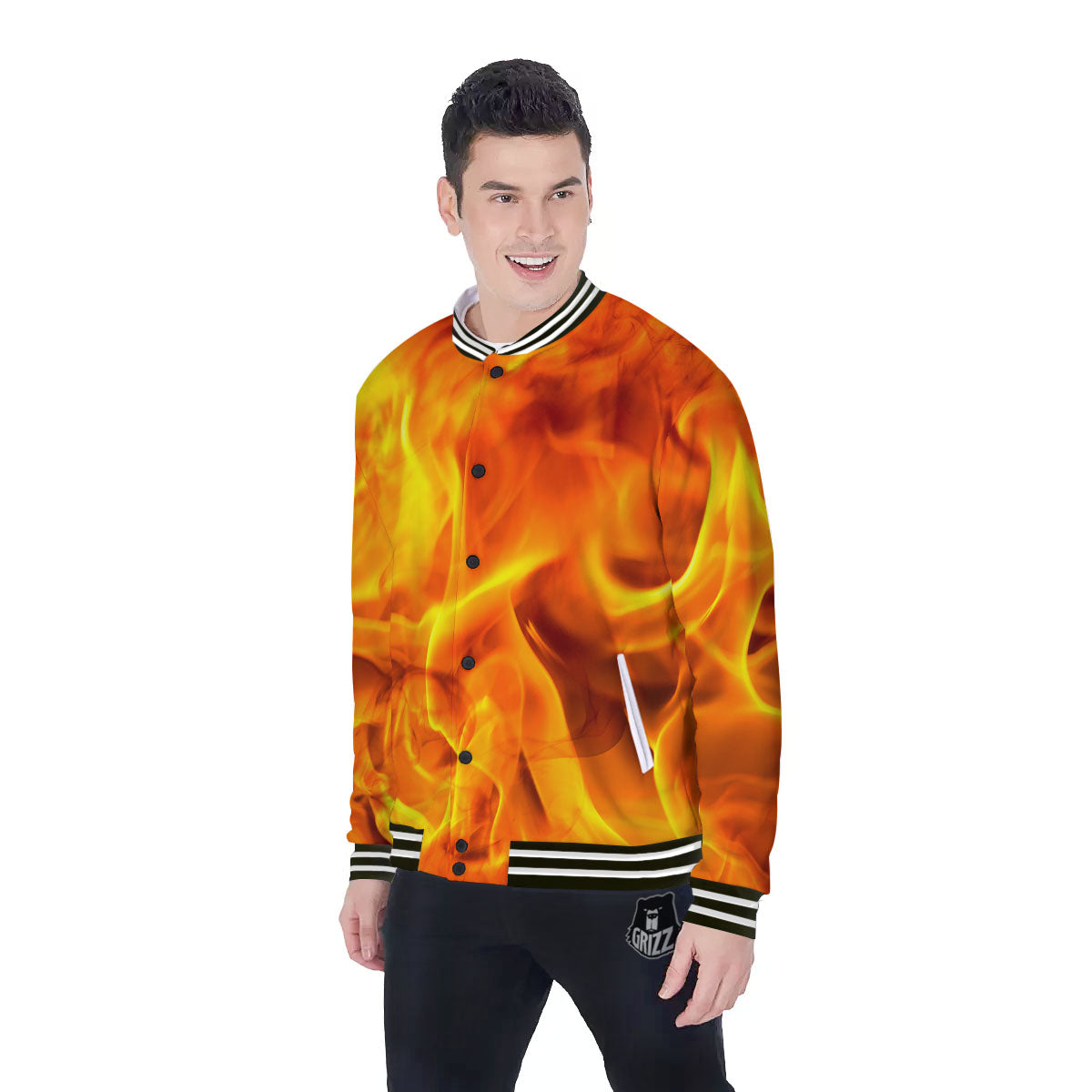 Burning Fire Flame Print Baseball Jacket-grizzshop