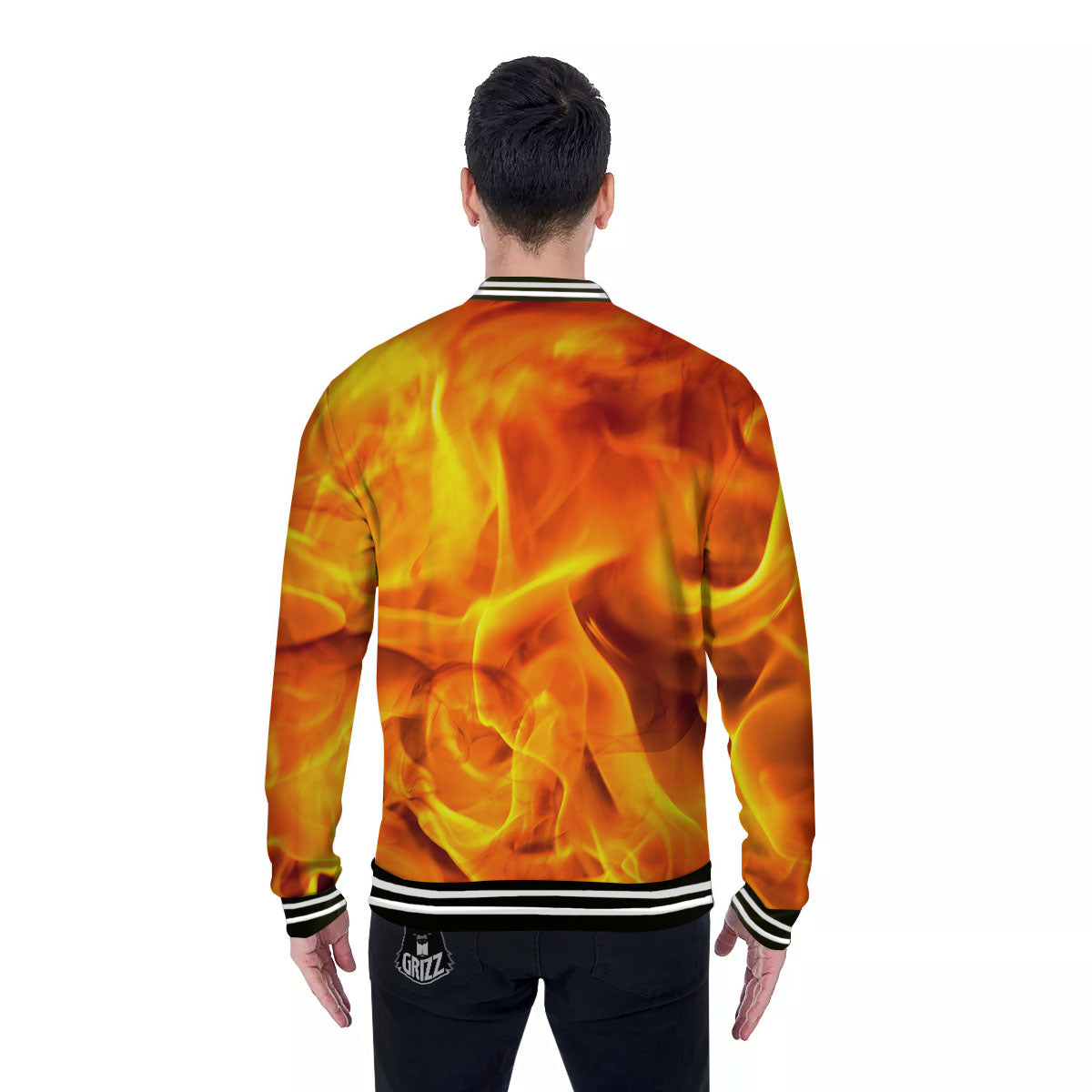 Burning Fire Flame Print Baseball Jacket-grizzshop