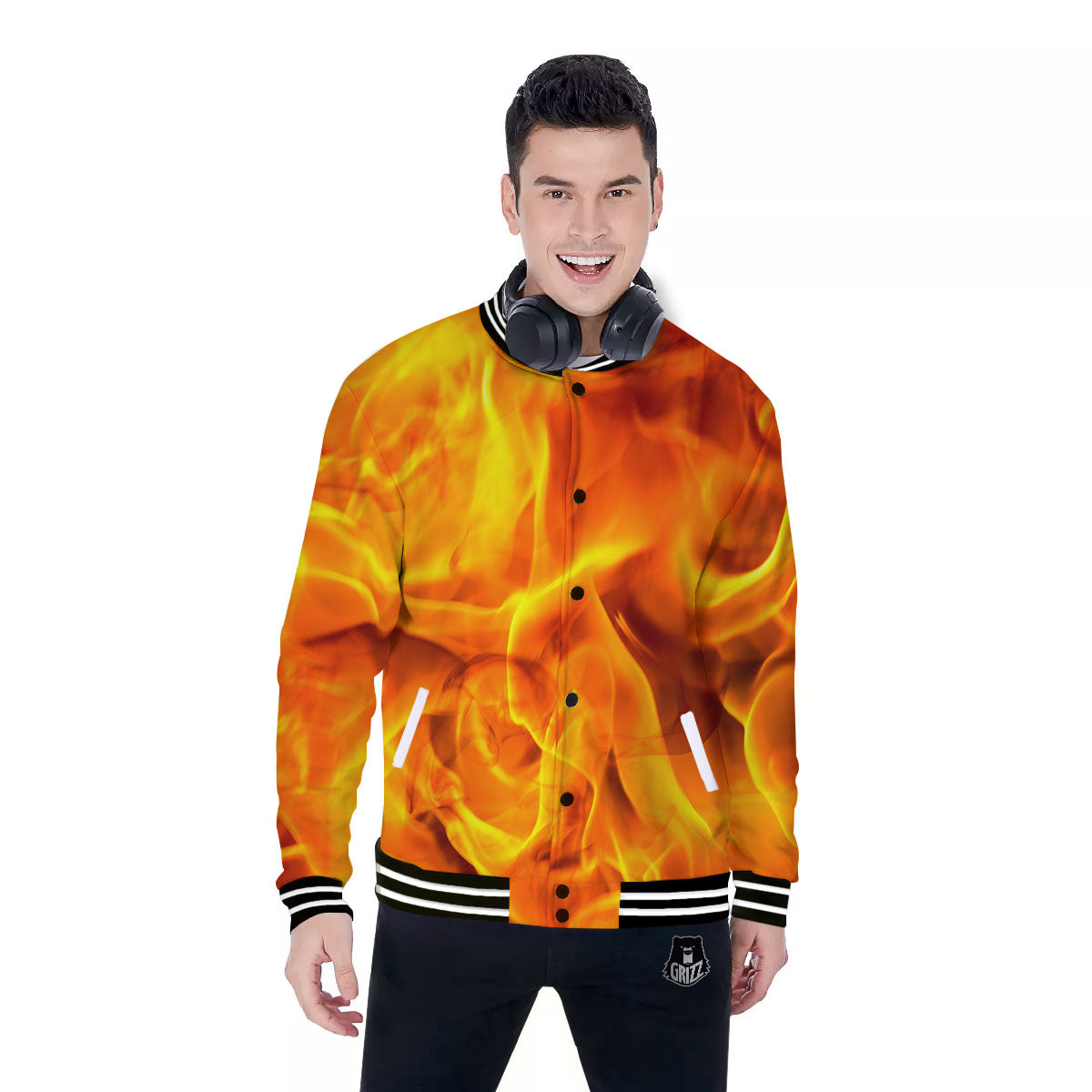 Burning Fire Flame Print Baseball Jacket-grizzshop