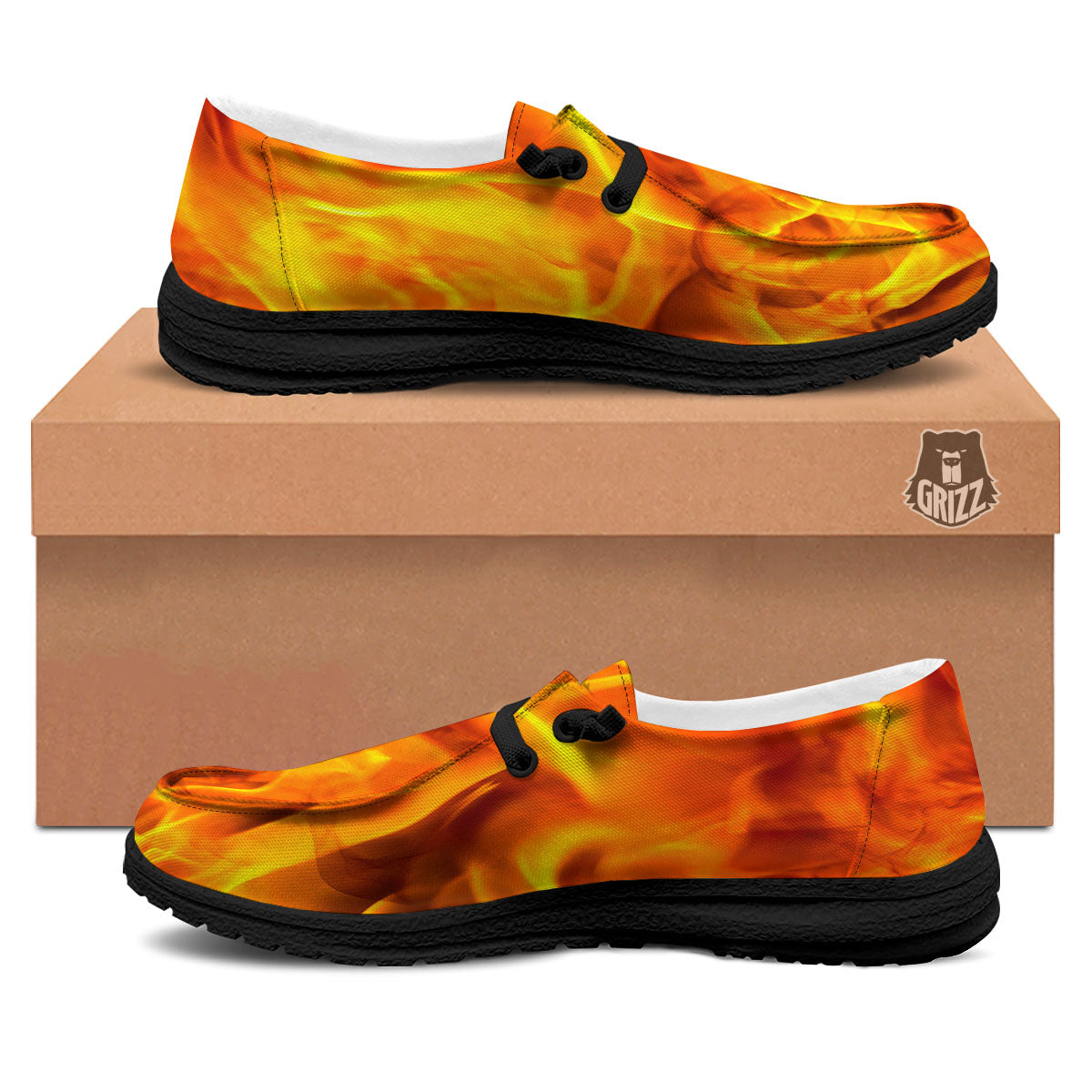 Burning Fire Flame Print Black Loafers