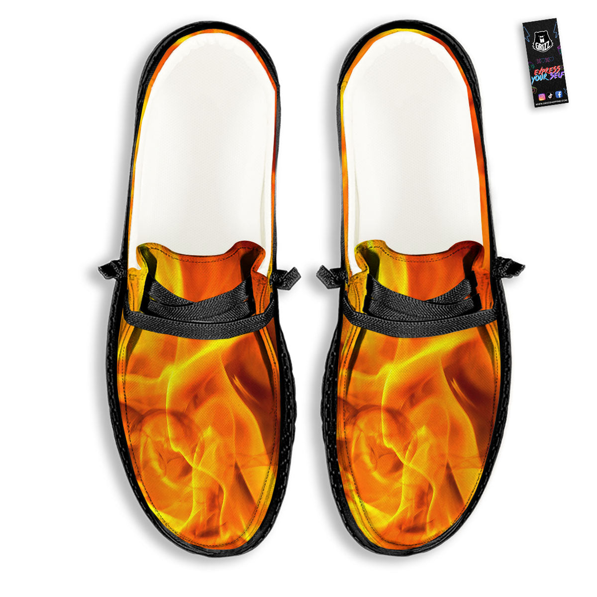 Burning Fire Flame Print Black Loafers