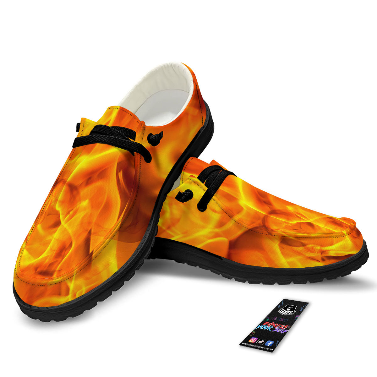 Burning Fire Flame Print Black Loafers