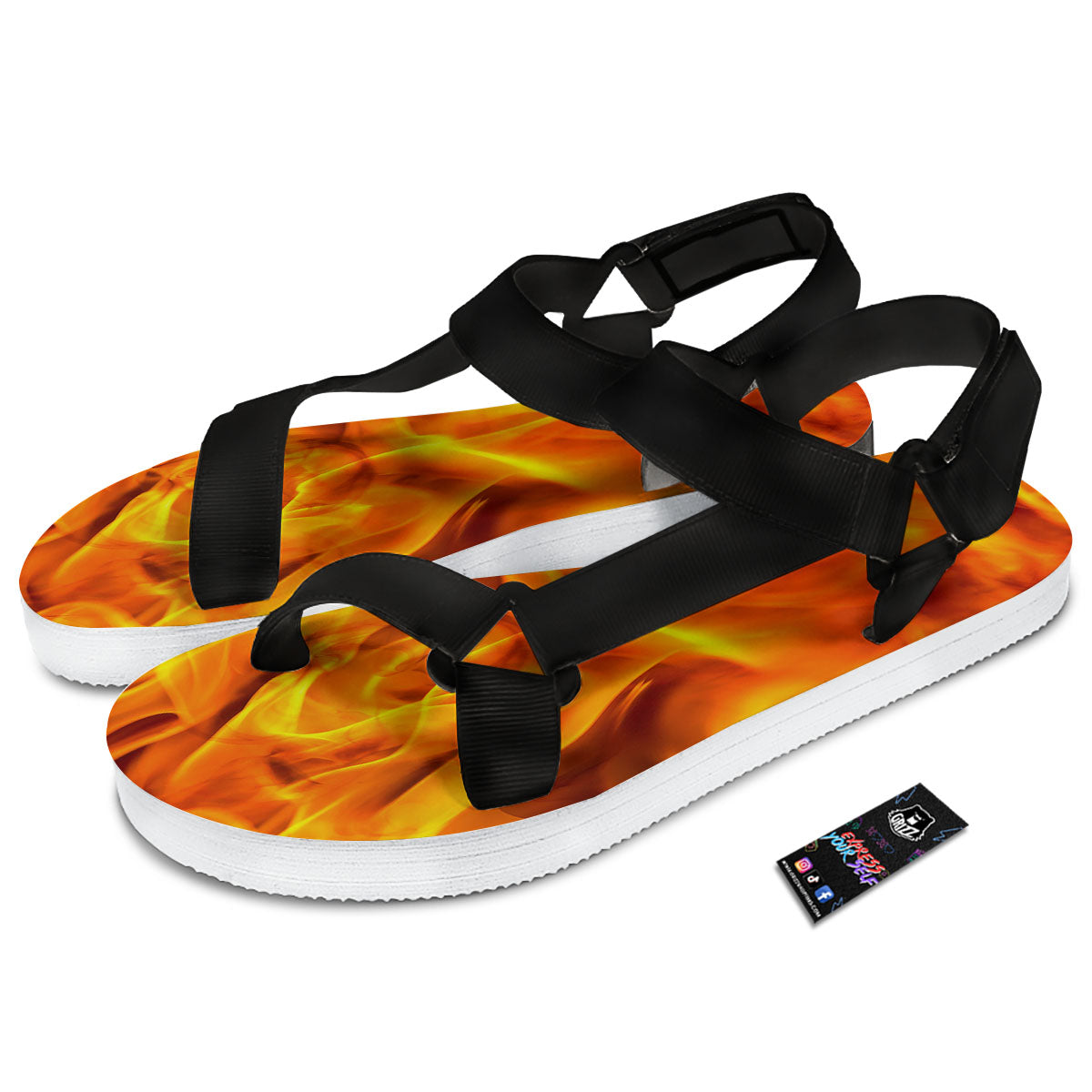 Burning Fire Flame Print Black Open Toe Sandals-grizzshop