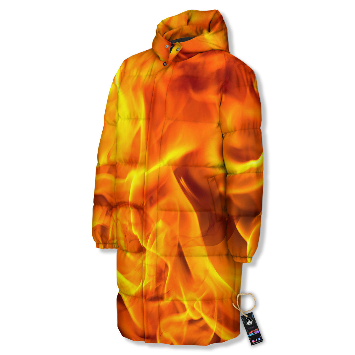 Burning Fire Flame Print Long Down Jacket-grizzshop