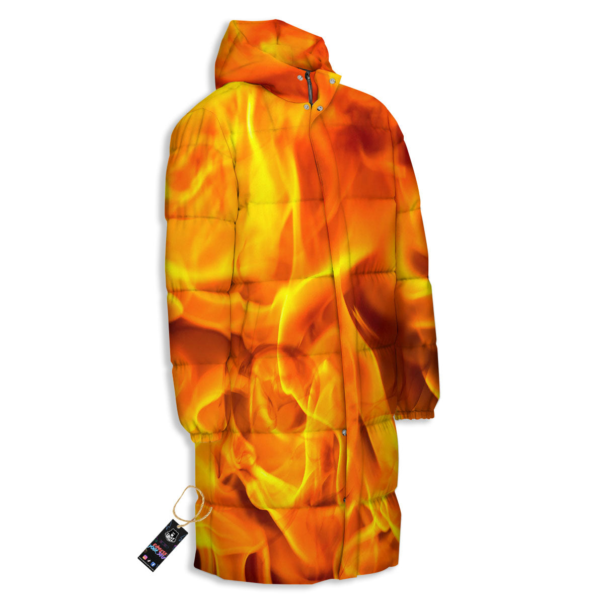 Burning Fire Flame Print Long Down Jacket-grizzshop