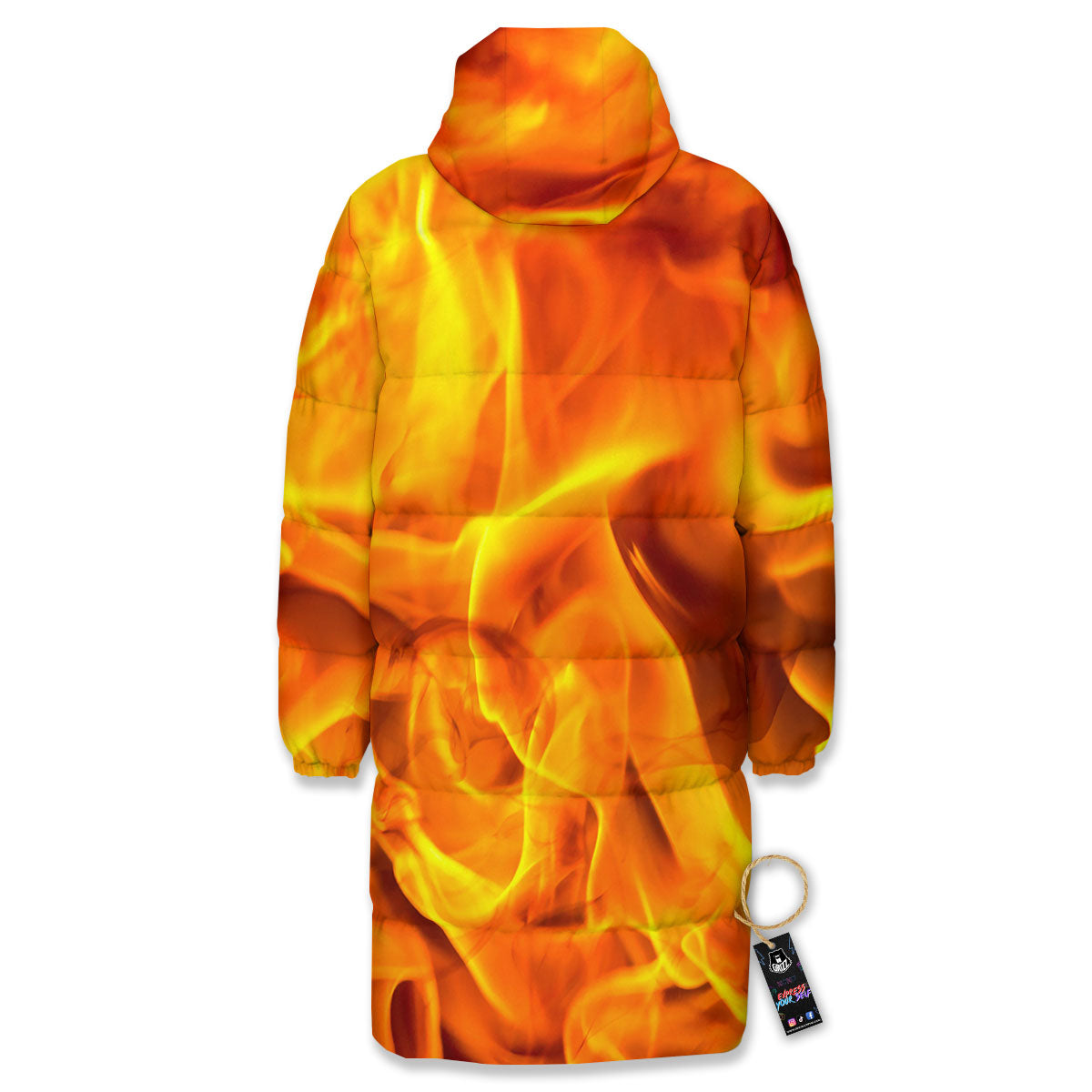 Burning Fire Flame Print Long Down Jacket-grizzshop