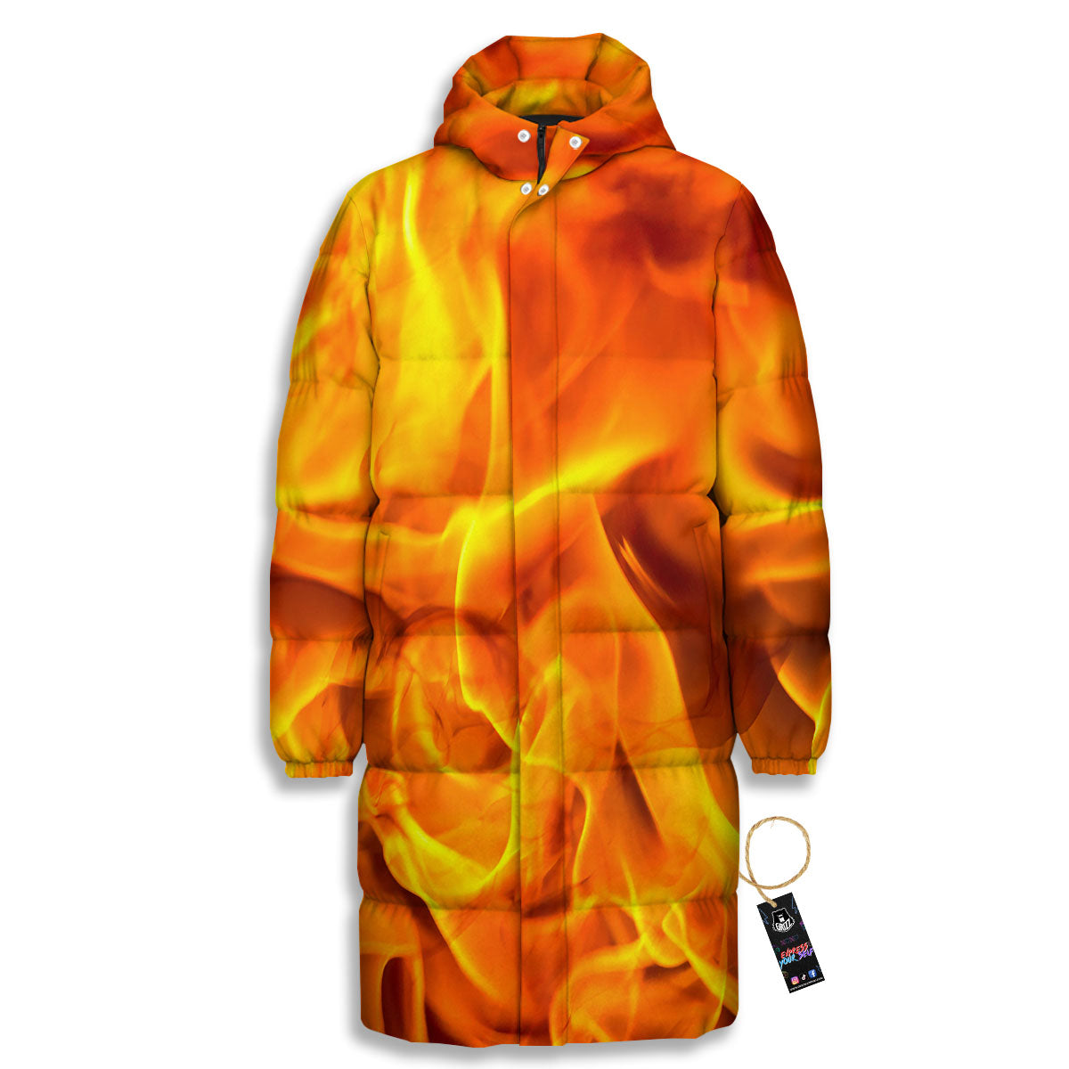 Burning Fire Flame Print Long Down Jacket-grizzshop