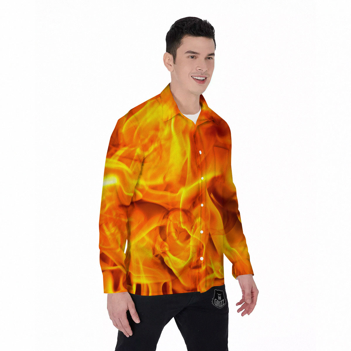 Burning Fire Flame Print Men's Long Sleeve Shirts-grizzshop