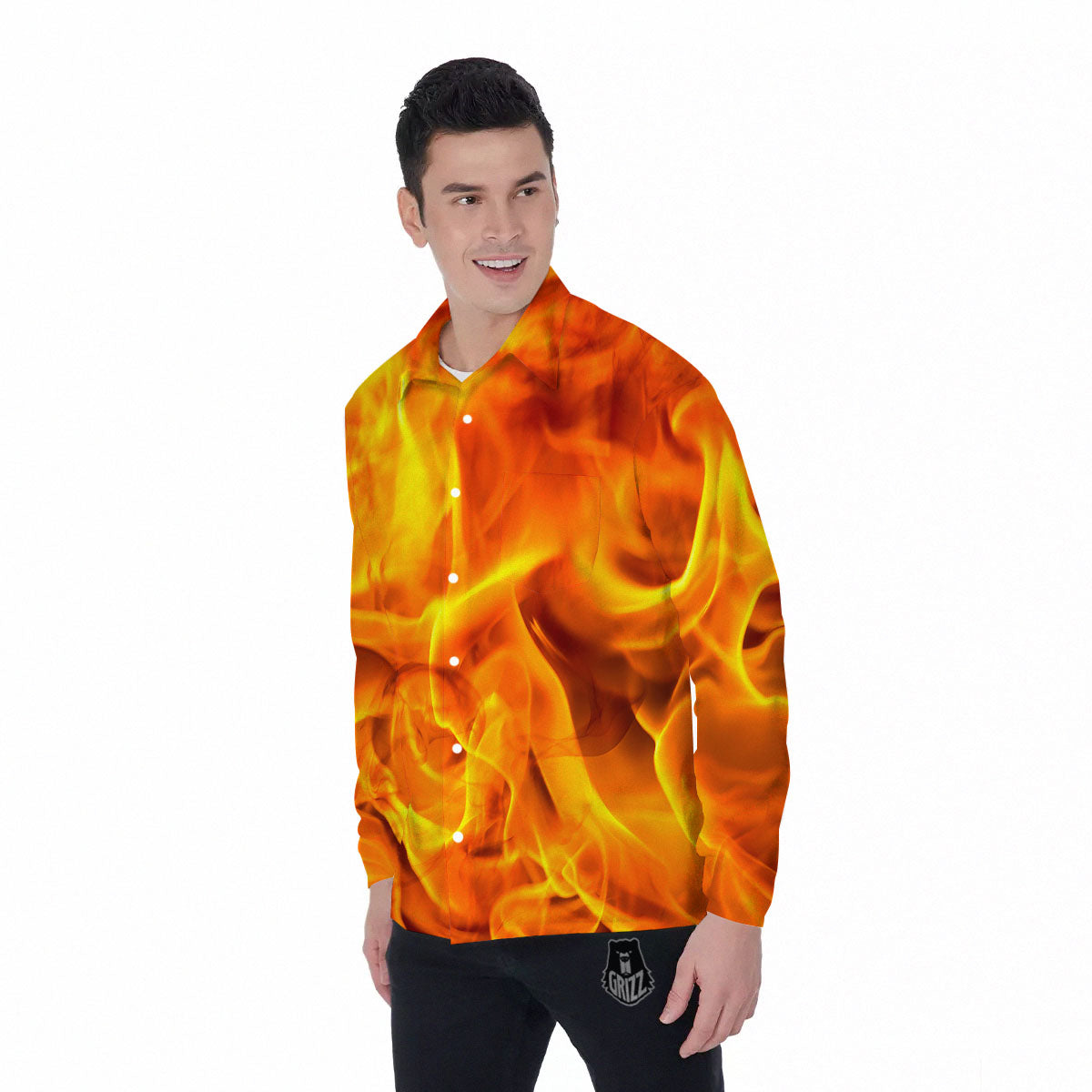 Burning Fire Flame Print Men's Long Sleeve Shirts-grizzshop