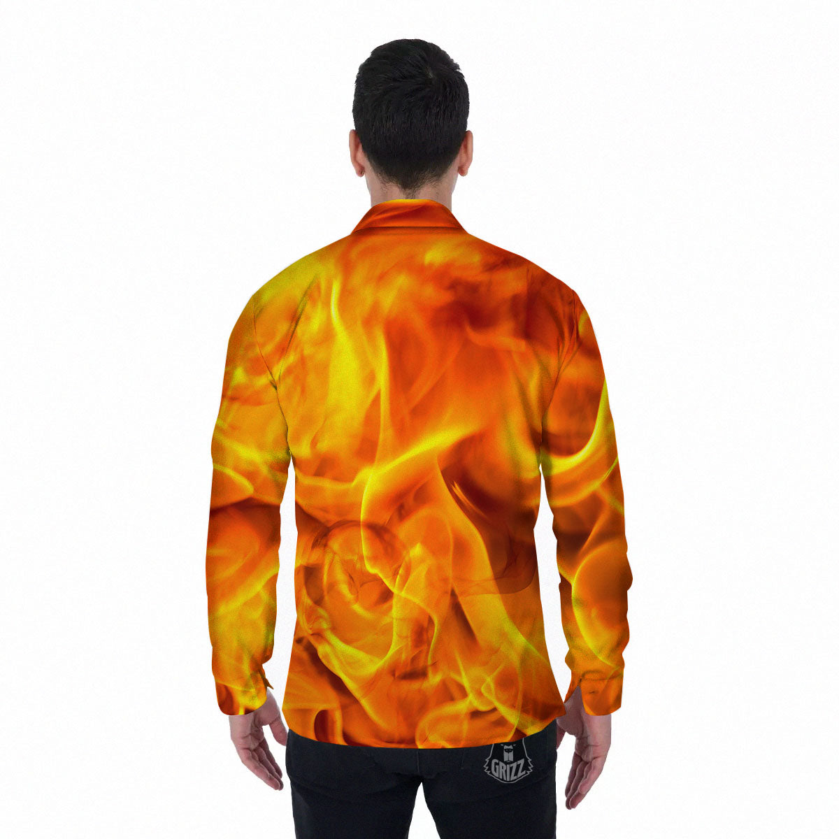 Burning Fire Flame Print Men's Long Sleeve Shirts-grizzshop