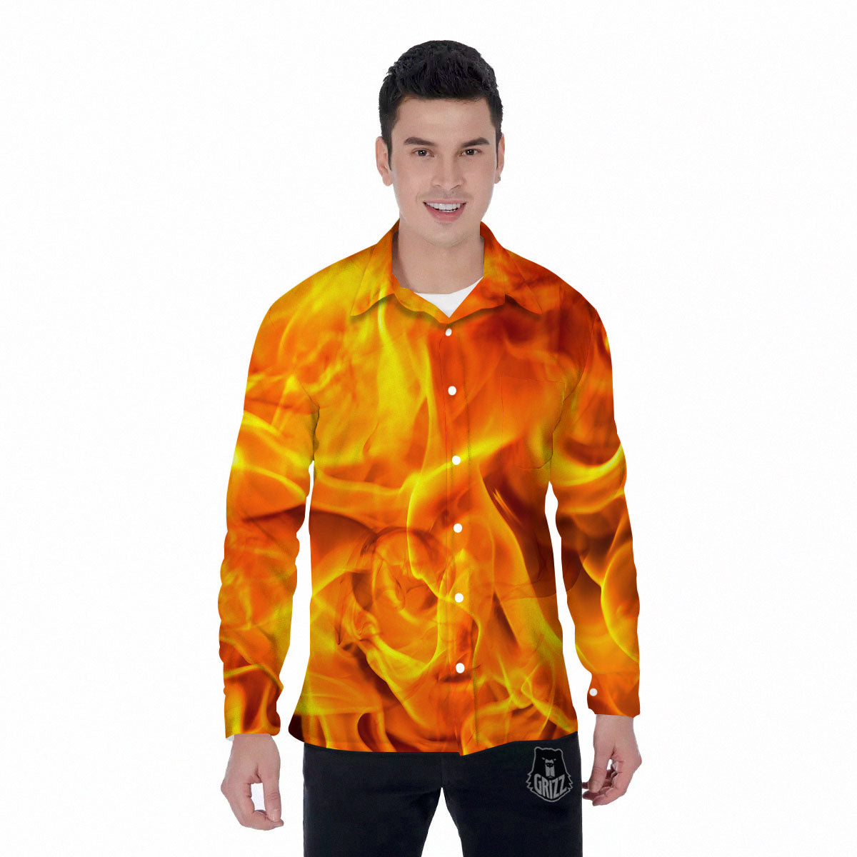 Burning Fire Flame Print Men's Long Sleeve Shirts-grizzshop